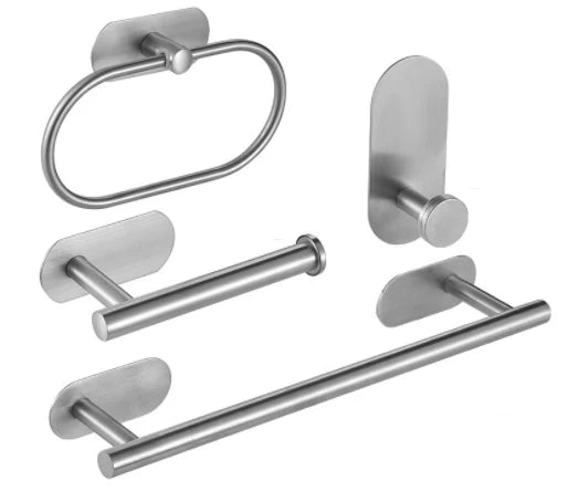 4 Pieces No Drilling Eco-Friendly Brushed Stainless Steel 304 Self Adhesive Monden Style Bath Hardware Towel Bar Set