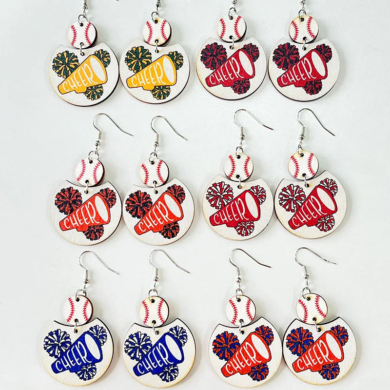Women's Simple Baseball Wooden Pendant Earrings with Sports Cheerleaders Print for Women Baseball Game Earrings