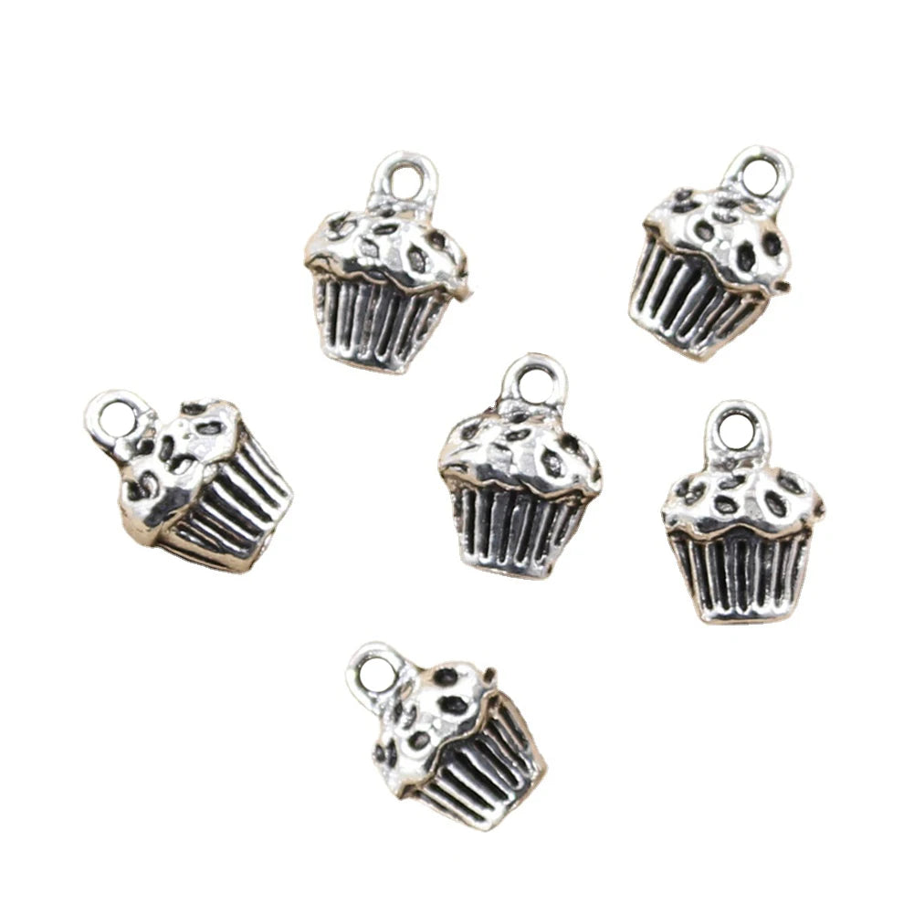 Handmade 3D Cupcake Cake Charm 13x10x8mm Vintage Tibetan Silver Color Pendants for Kids' Bracelet Necklace Fit DIY Made Alloy