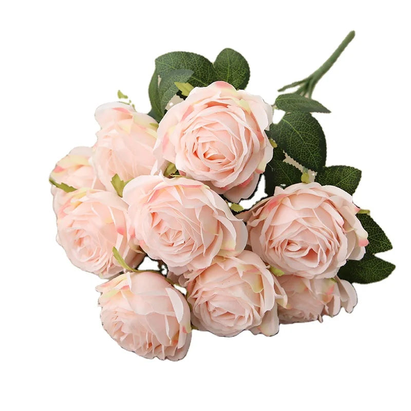 High Quality 10 Heads Roses Bushes Silk Artificial Rose Bouquet for Wedding Decoration