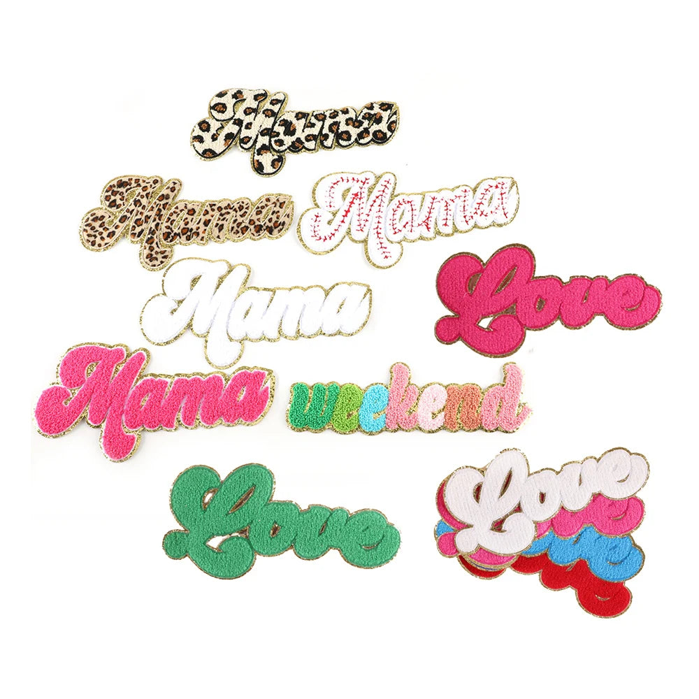 Yiwu Wintop New Arrival Glitter Mama love Design Iron on Hoodie Chenille Patch Custom logo