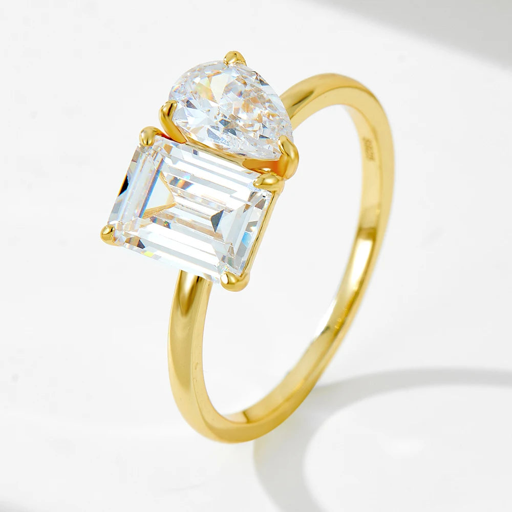 Luxury S925 Sterling Silver Geometric Pear Cut Emerald Cut Zircon Couple Engagement Wedding Fine Ring for Women