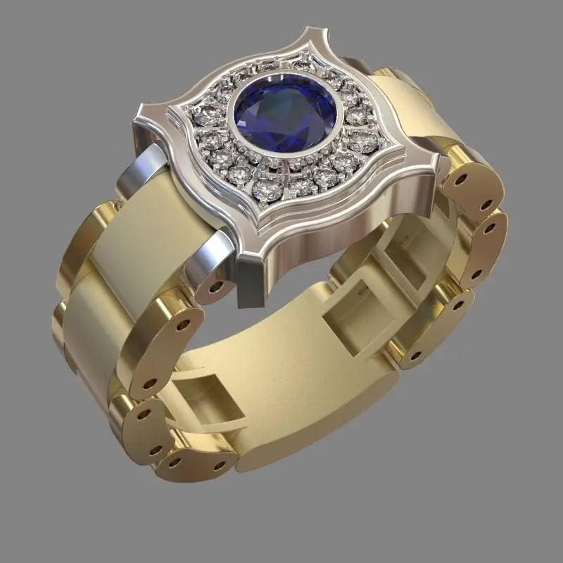 Huitan Watchband Gold Rings Men White Royal Blue Advanced Zircon Watch Dial Official Fashion Tops Blue Ring Gold Men