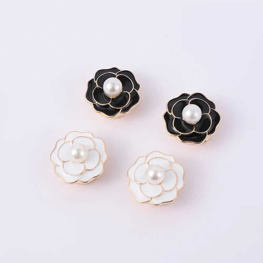 JFRB055 Rose Blackl/White Enamel Button Cover Accessories No Sew Detachable Pearl Flower Clip Over Button Jewel for Shirts Dress
