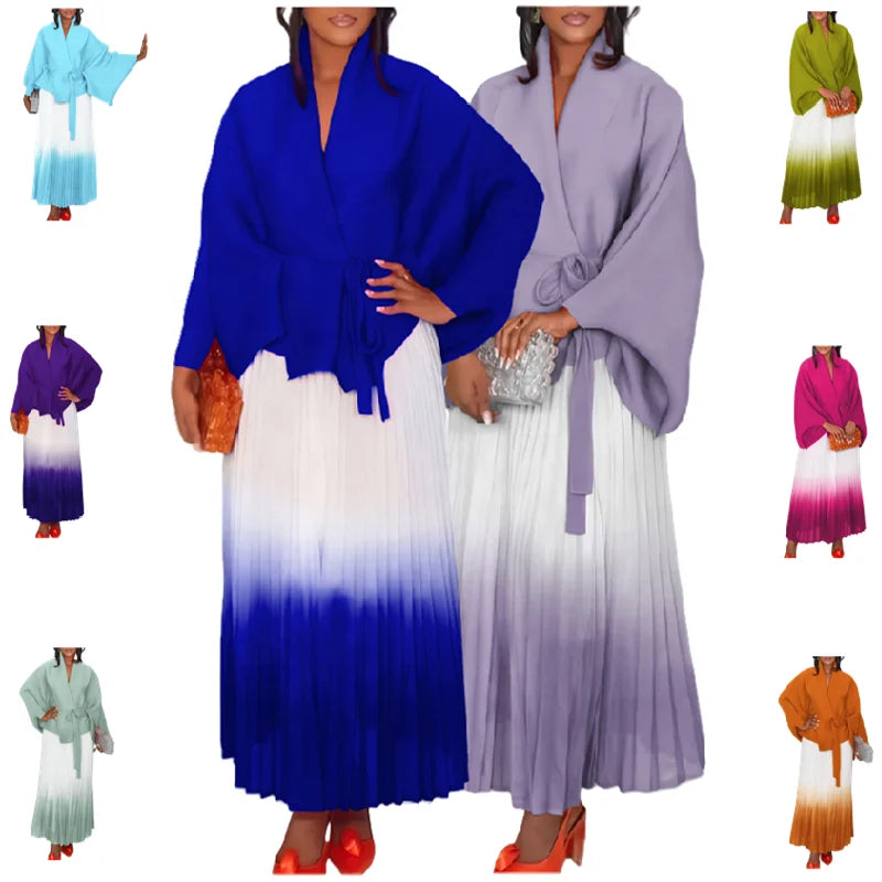 C8610 High Quality Miayki Skirt Set Gradient Color Loose Tie Cardigan and Long Pleats Skirt Set Two Piece Fall Outfits for Women