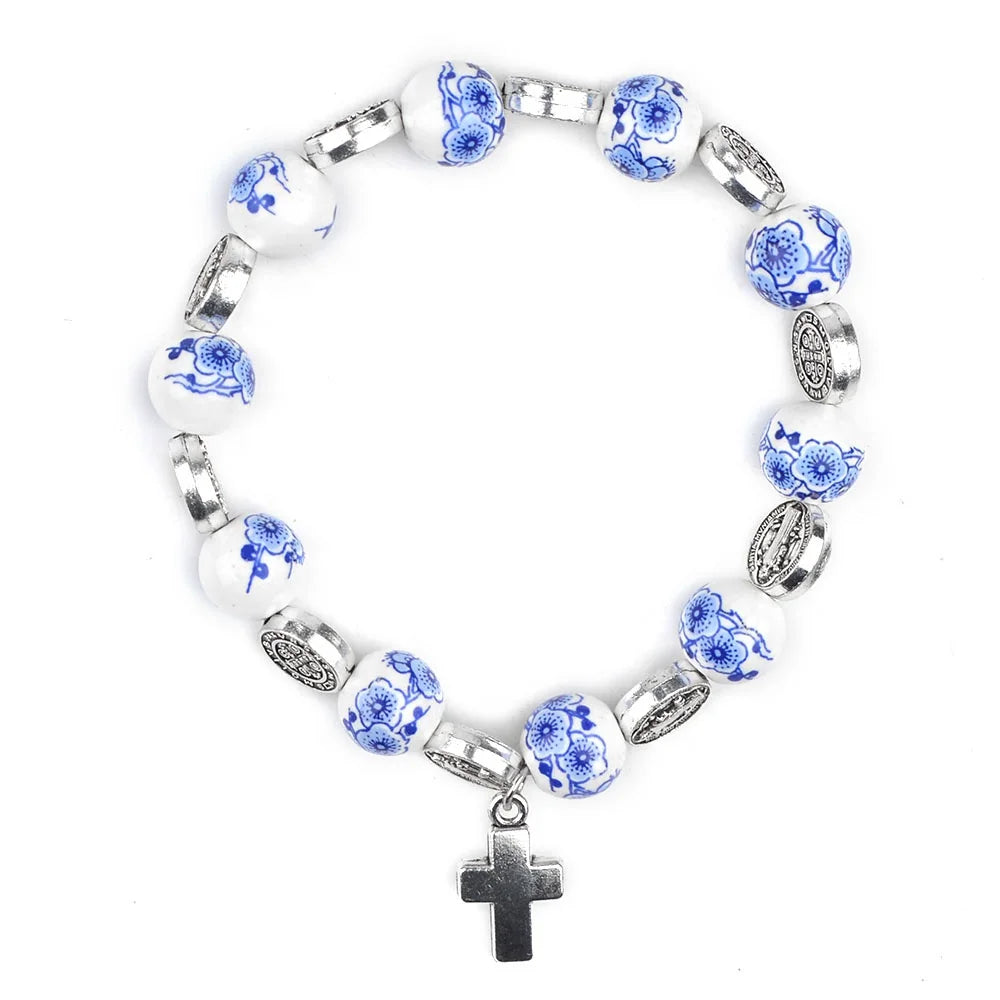 Catholic Religious Elastic Bracelet 10mm Blue Pink Ceramic Beads Saint Benedict Cross Pendant Silver Plated Alloy Charm Bracelet
