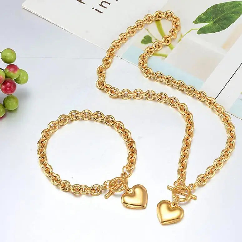 Waterproof 18K Gold Plated Valentine's Day Gift for Women Gold Titanium Stainless Steel O-shaped Hollow Heart Necklace Bracelet