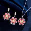 3D Vivid Cubic Zirconia Crystal Trendy Floral Jewelry Set Cute Leaf Red Rose Flowers Drop Earring and Pendant Necklace for Women