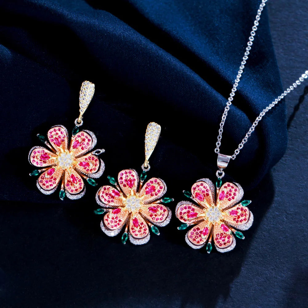 3D Vivid Cubic Zirconia Crystal Trendy Floral Jewelry Set Cute Leaf Red Rose Flowers Drop Earring and Pendant Necklace for Women