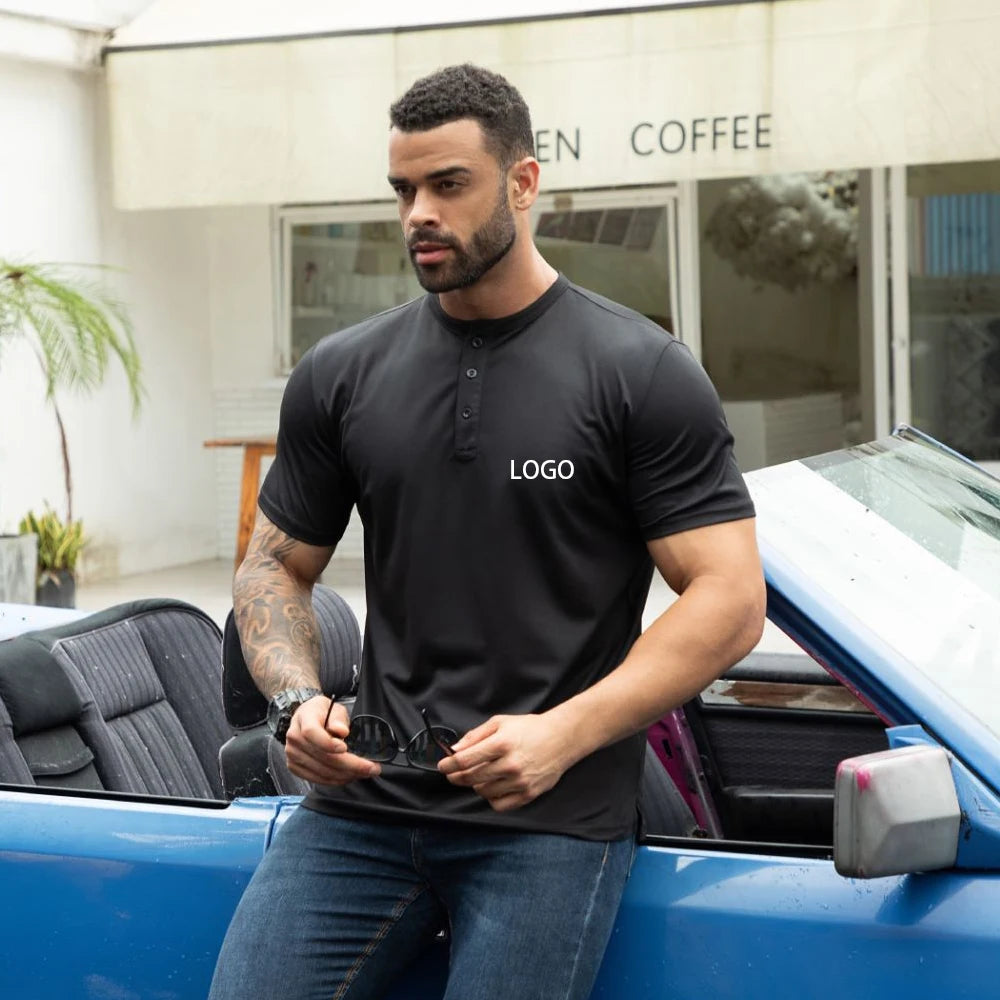 Casual Summer Breathable Blank t Shirt 145 Gsm Button up Henley T-shirt Men