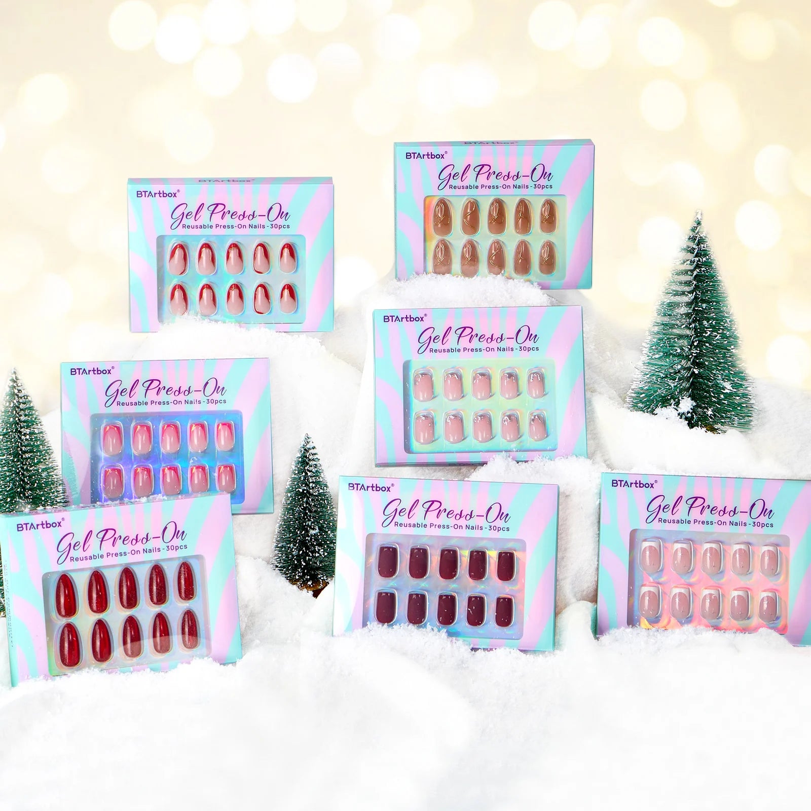 BTArtbox Custom Short Oval Fake Stick Nails Press on With Glue Wholesale Private Label Soft Gel Christmas Red Press on Nails Set