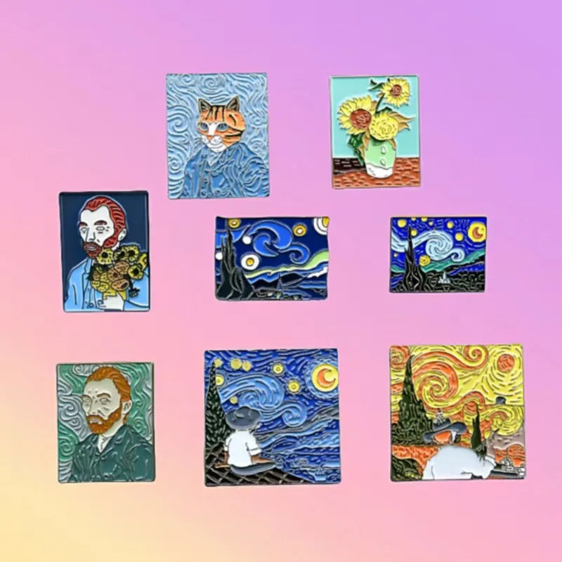 Creativity Art Figure Van Gogh Cat Farmers Oil Painting Badge Enamel Pin Brooch Collar Hat Pin Badge Soft Lapel Pin