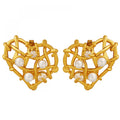 Fashion Vintage No Tarnish Jewelry Women Gold Plated Brass Zirconia Pearl Hollow Chunky Big Heart Stud Earrings
