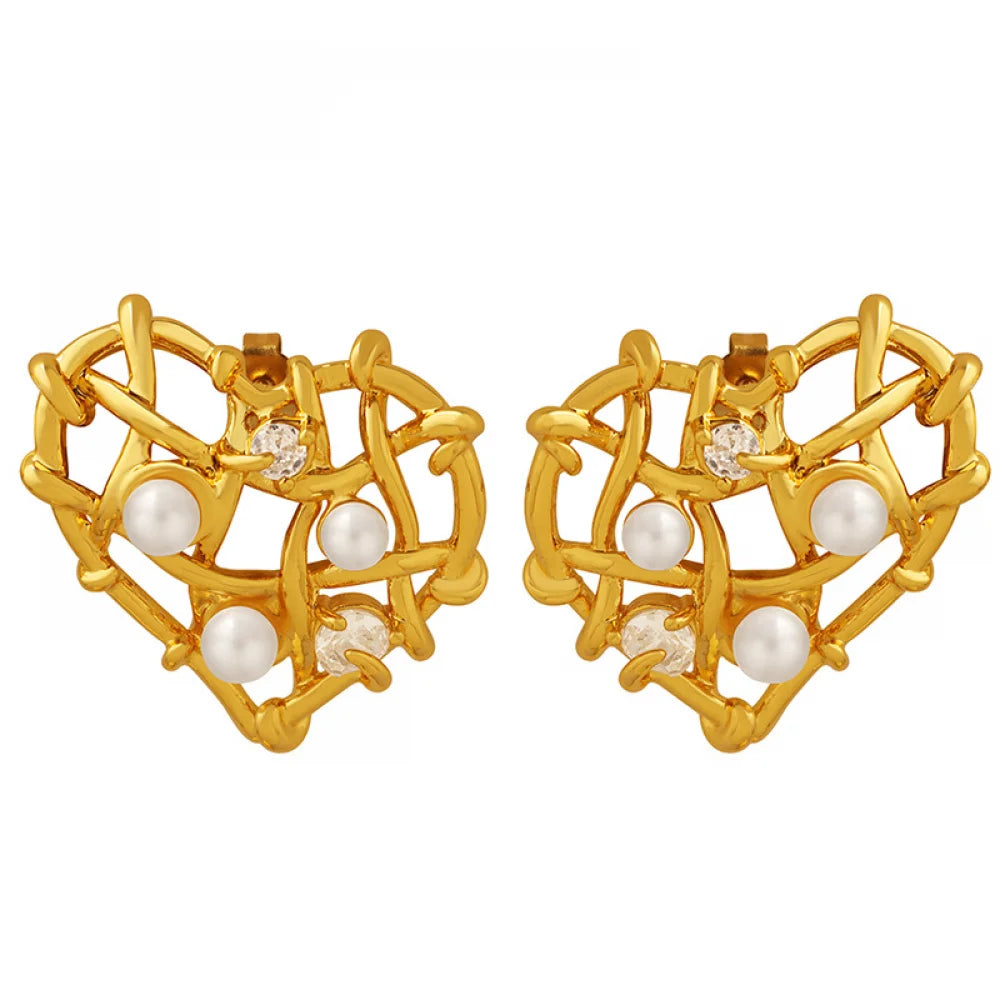 Fashion Vintage No Tarnish Jewelry Women Gold Plated Brass Zirconia Pearl Hollow Chunky Big Heart Stud Earrings
