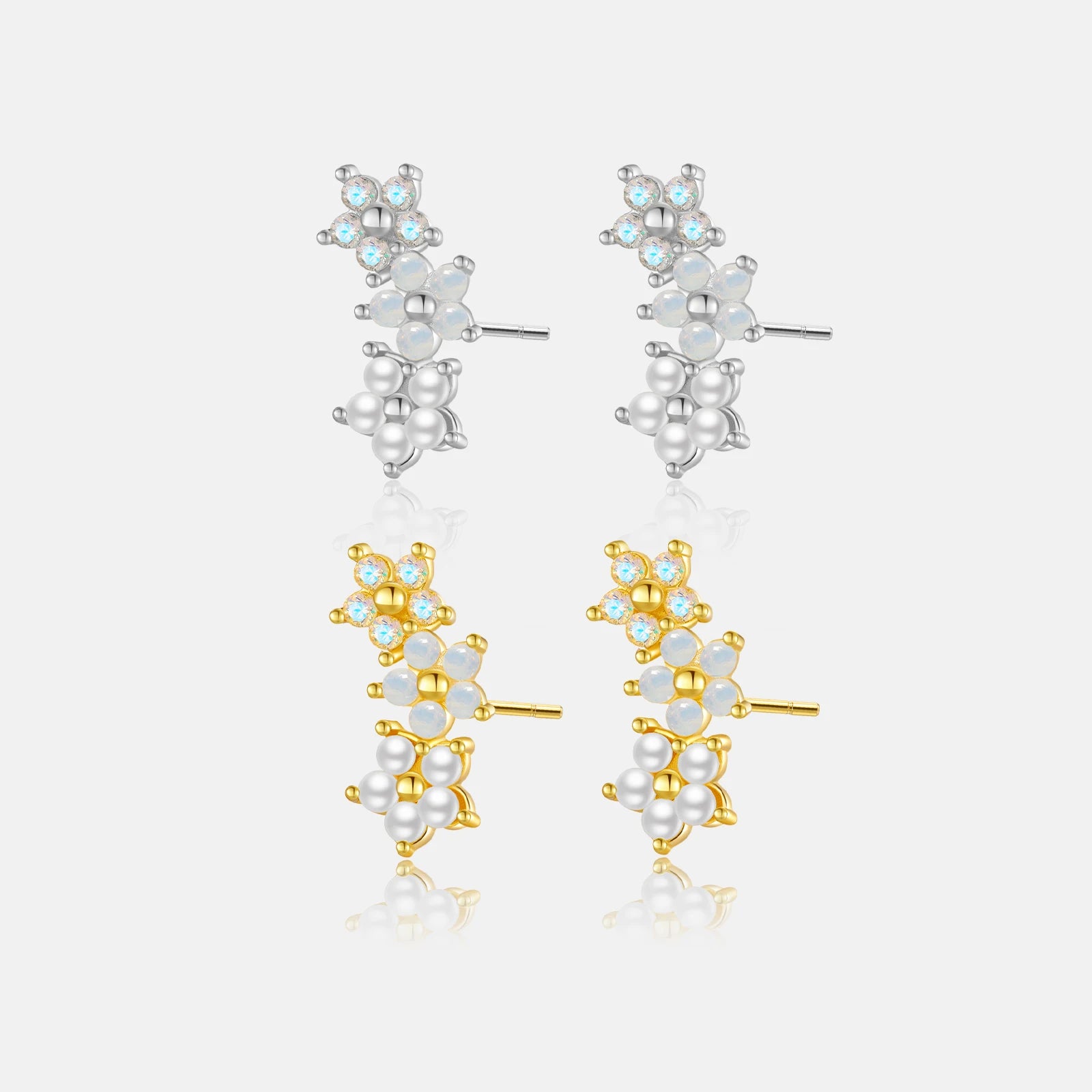 FUAMAY 925 Sterling Silver Three Stone Flower Earrings 18K Gold Plated Moonstone Opal Pearl Flower Stud Earrings