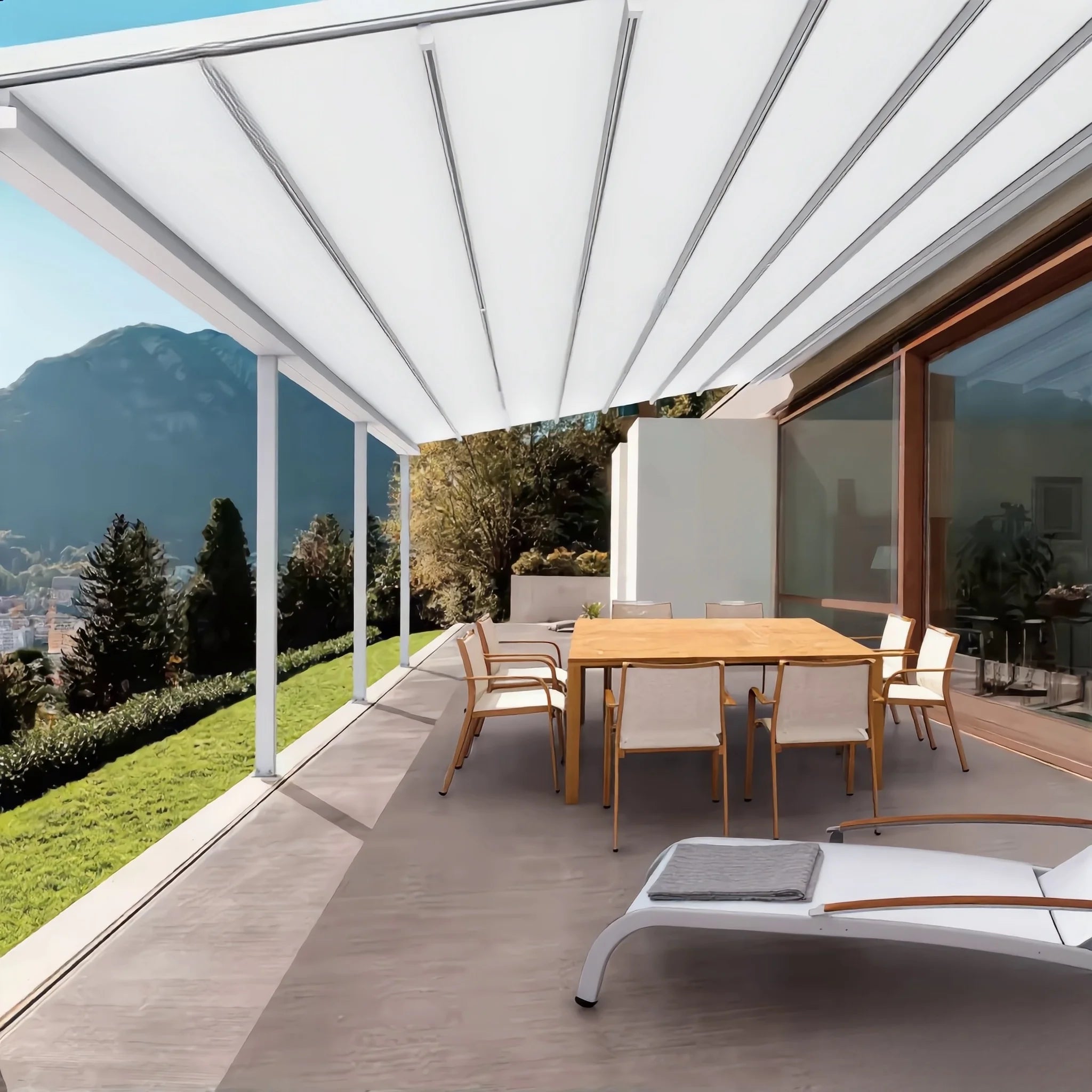 Retractable PVC Roof Bioclimatic Eco-Friendly Pergola Canopy Electric Remote Control LED Powder Coated Fire Frame Rodent Proof