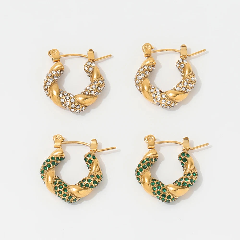 Hot Trendy New18k Pvd Gold Plated Tarnish Free Luxury Clear White Green Enamel Zircon Small Twisted Stainless Steel Hoop Earring