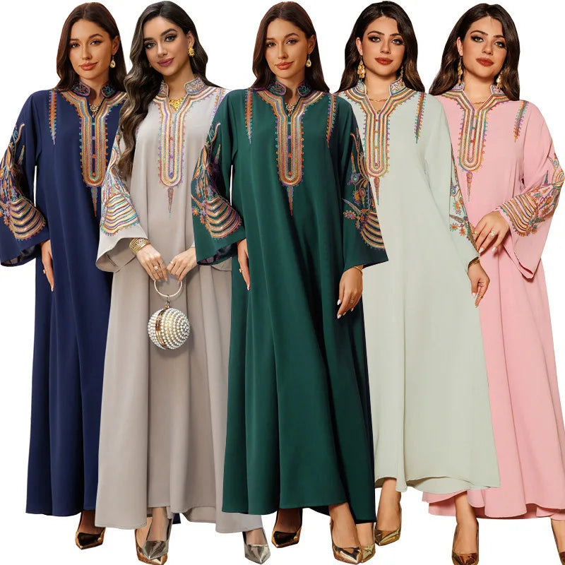 AB420 Trendy Middle Eastern Dubai Abaya Women Muslim Dress Embroidered Pullover Islamic Robes Moroccan Kaftan Arabic Jalabiya