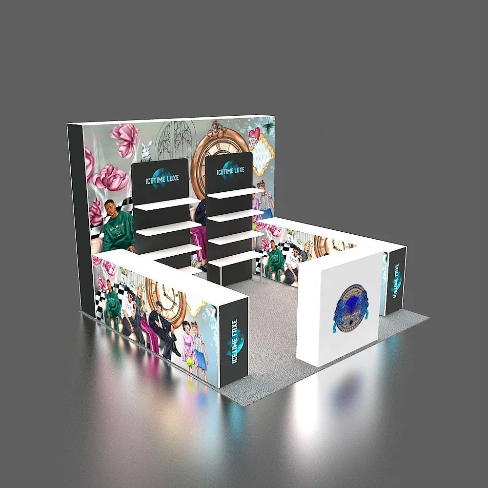 10x10 Portable Modular Pop Booth Exhibition Advertising Promotion Tension Fabric LED Seg Backlit Trade Show Expo Dye Sublimation MegaBDM