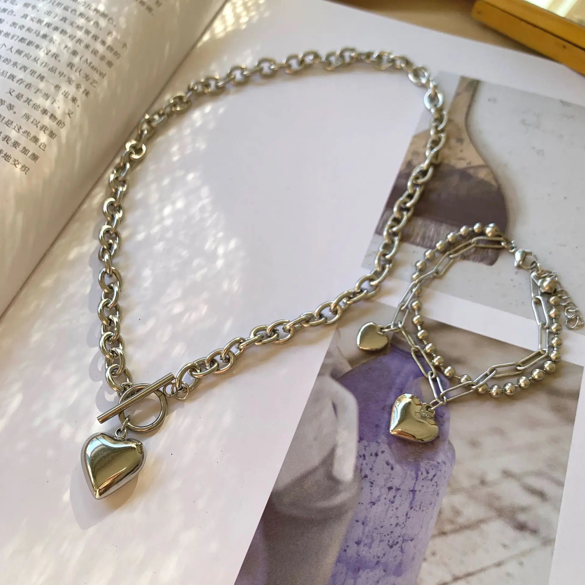 Europe Hot Selling  Metal Necklace Bracelet Stainless Steel Heart Shape Bracelet Necklace Jewelry Set for Women Men