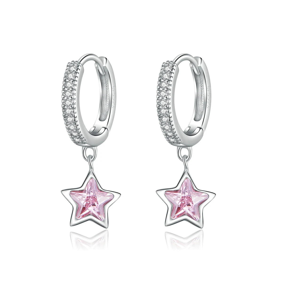 925 Sterling Silver Jewelry Dazzling Pink Star CZ Light Stud Earrings for Women Girls Gift Statement Jewelry BSE414