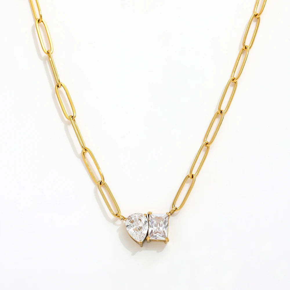 JOOLIM Ready to Ship High End Stainless Steel Paper Pin Triangle Rectangle Zirconia Pendant Necklace 18K Gold Plated Jewelry Who