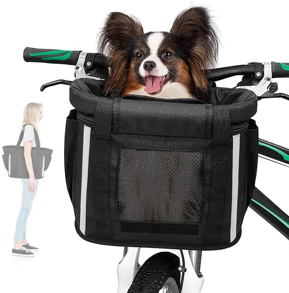 Dogs Carrier Bike Basket Pet Bike Baskets Folding Removable Handlebar Bag with Dog Mat Seatbelt Mesh Window