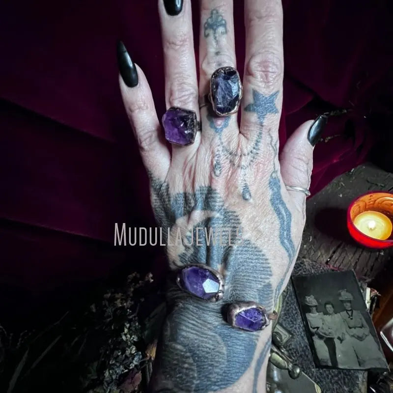BM43303 Witch Wicca Jewelry Raw Amethyst Free Form Electroformed Bangle Adjustable Antique Copper Plated Cuff Bracelet