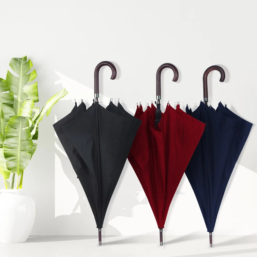 Men's Long Windproof Polyester Straight Umbrella Business Style Auto Open Wooded Man Cane Walking Stick for Adults
