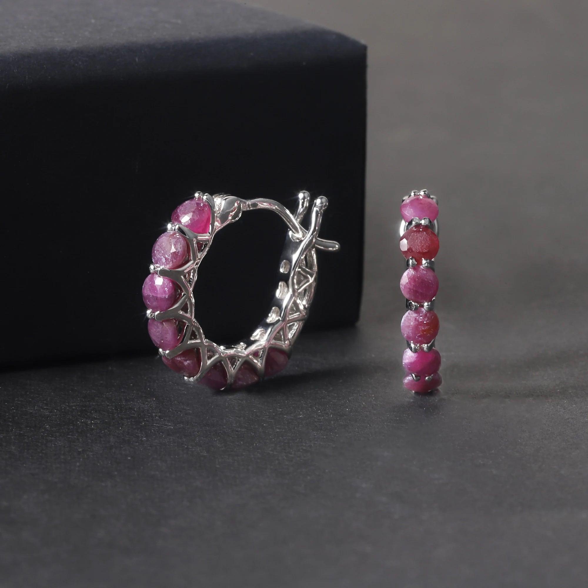 RZ0014 Abiding Fine Jewelry Custom Inside Outside Hoops Natural Ruby 925 Sterling Silver Round Huggie Hoop Earring