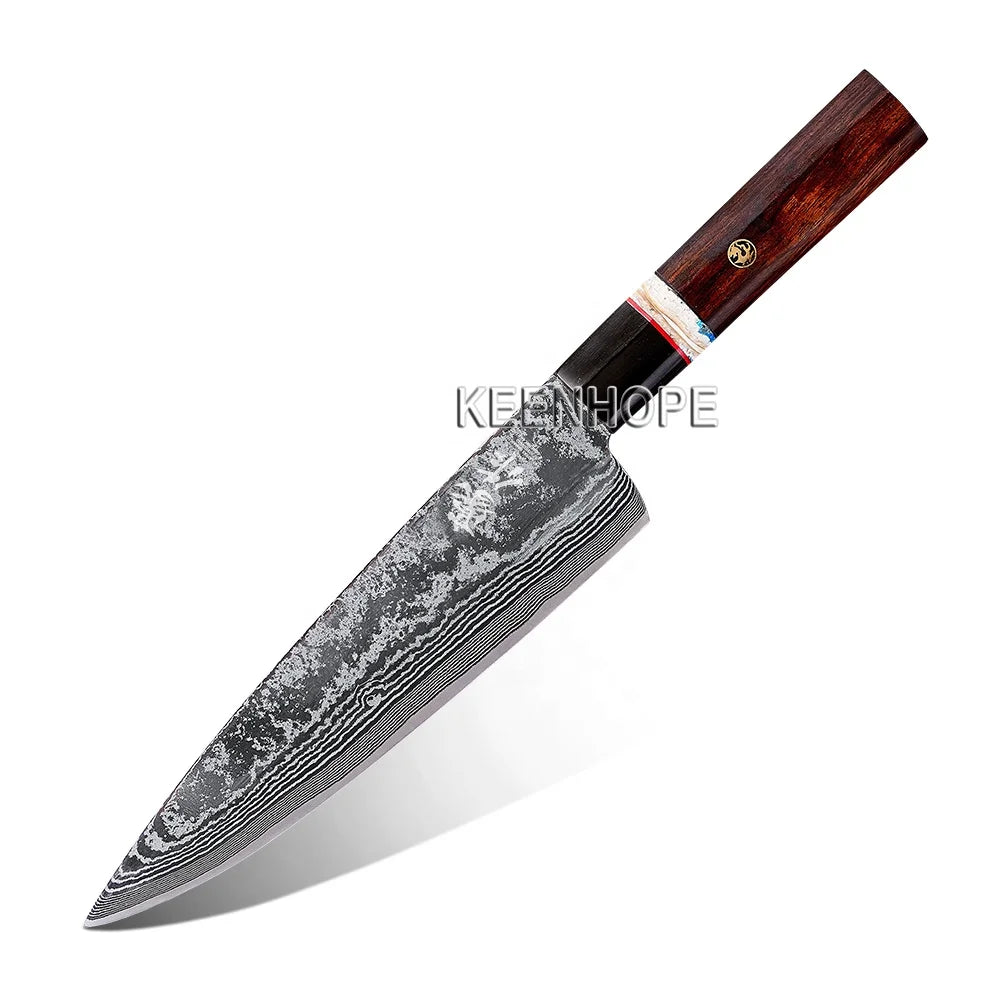KEENHOPE Handcrafted 89 Layers Damascus Steel VG10 8 Inch Chef Knife Buffalo Horn Inlayed Wooly Stone USA Desert Ironwood