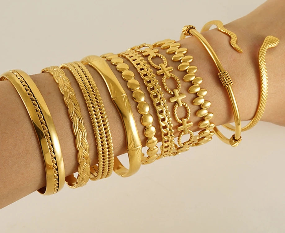 Waterproof 18k Gold Plated Adjustable Cuff Bangle Open Tarnish Free Stainless Steel Women Fashion Jewelry Snake Bracelet