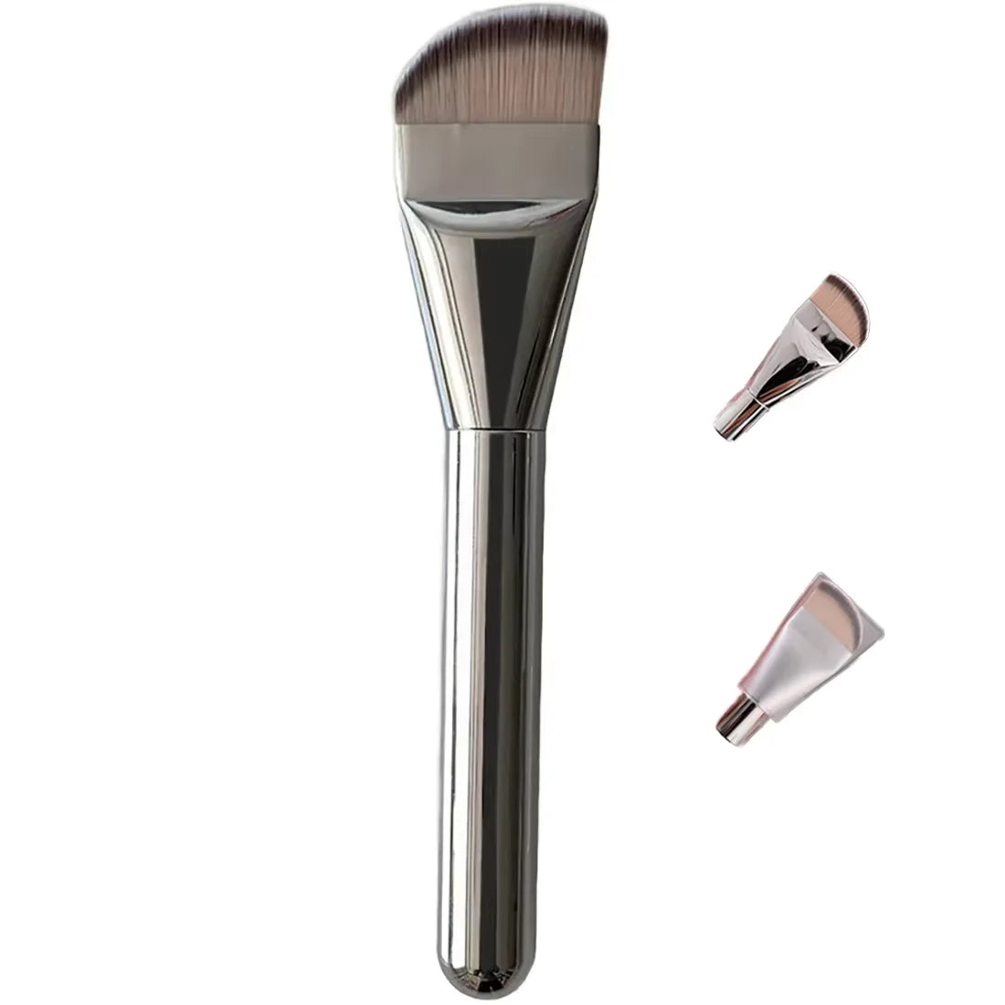 Custom Silver Kabuki Pro Mask Fan Brush Aluminum Handle Liquid Powder Makeup Brush for Foundation & Facial Concealer