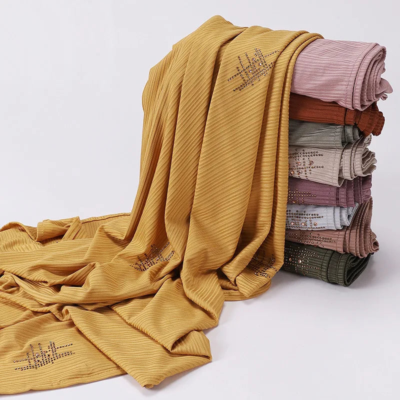 Fashion New Solid Color Knitted Striped Hot Drill Turban Scarf Malay Indonesian Plain Jersey Rhinestone Head Wraps  Hijabs