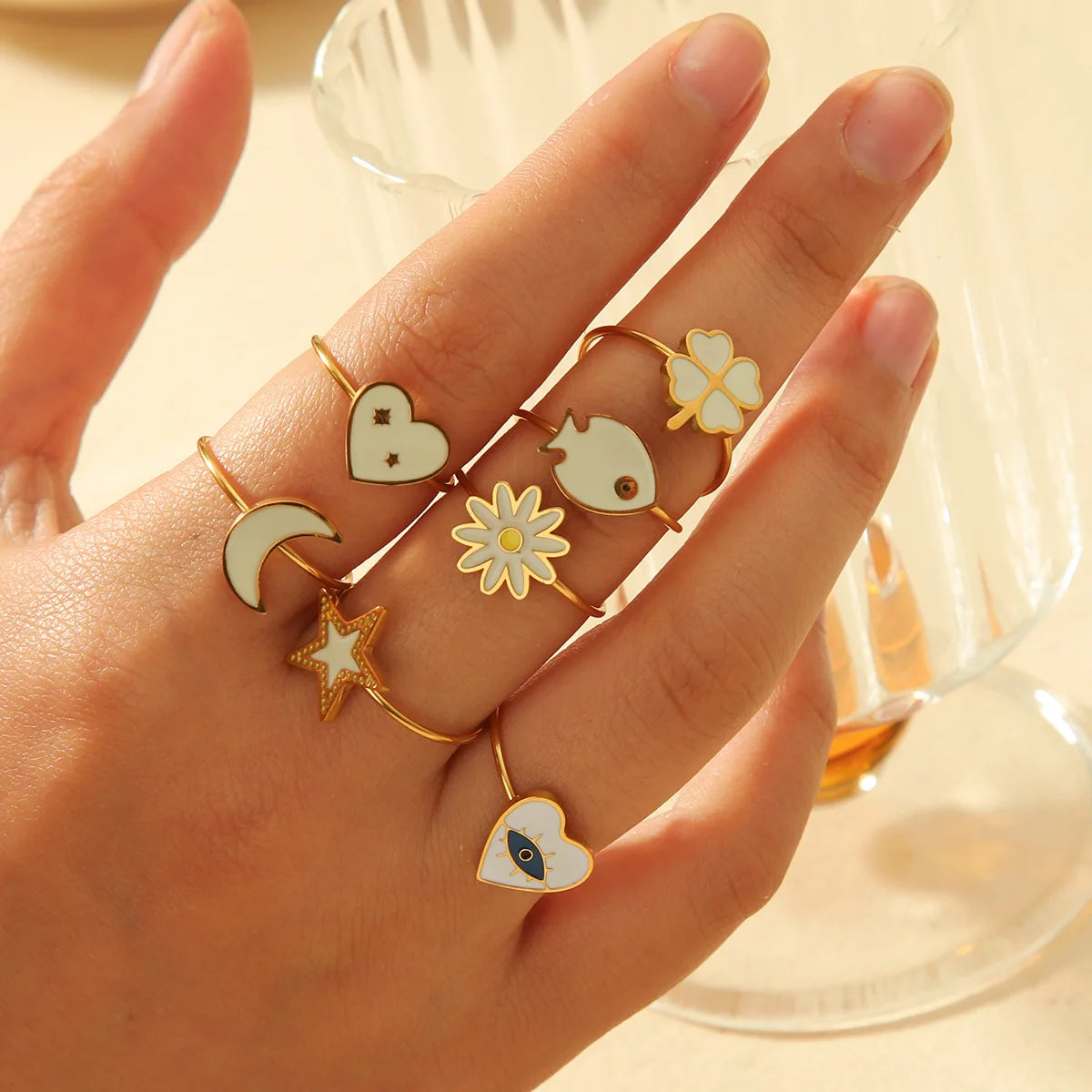 Free Size Tarnish Free Waterproof Stainless Steel Enamel Flower Heart Ring 18K Gold Fashion Jewelry Rings for Unisex