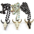 Tribal 80cm Long 8mm Crystal Beads OX BULL Buffalo Horn Cow Skull Head Pendant Knotted Jewelry Necklace