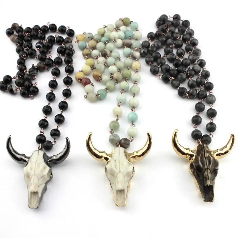 Tribal 80cm Long 8mm Crystal Beads OX BULL Buffalo Horn Cow Skull Head Pendant Knotted Jewelry Necklace