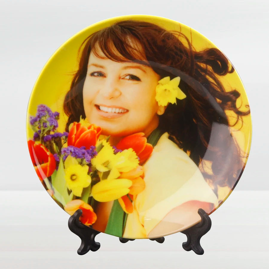 Topjlh 3D Sublimation Blank 8 Inches White Ceramic Plate Full Front Custom Printing with Stand for Photo Display Personal Gifts