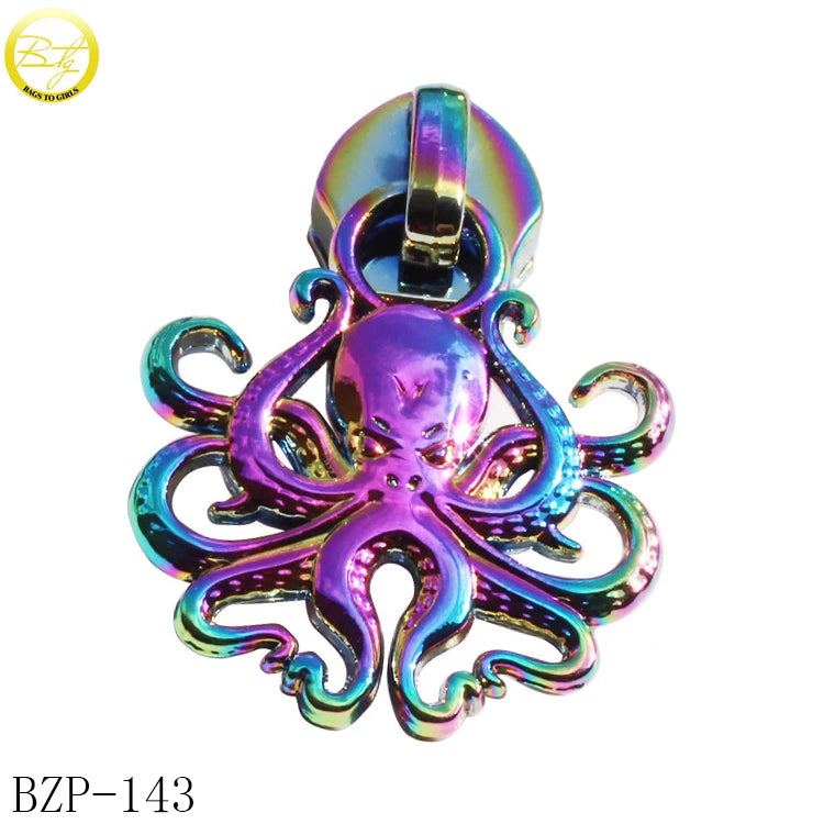 Hot Selling Zinc Alloy Octopus logo Puller Tags Charms Custom Handbag Brand Puller Slider Fittings and Accessories