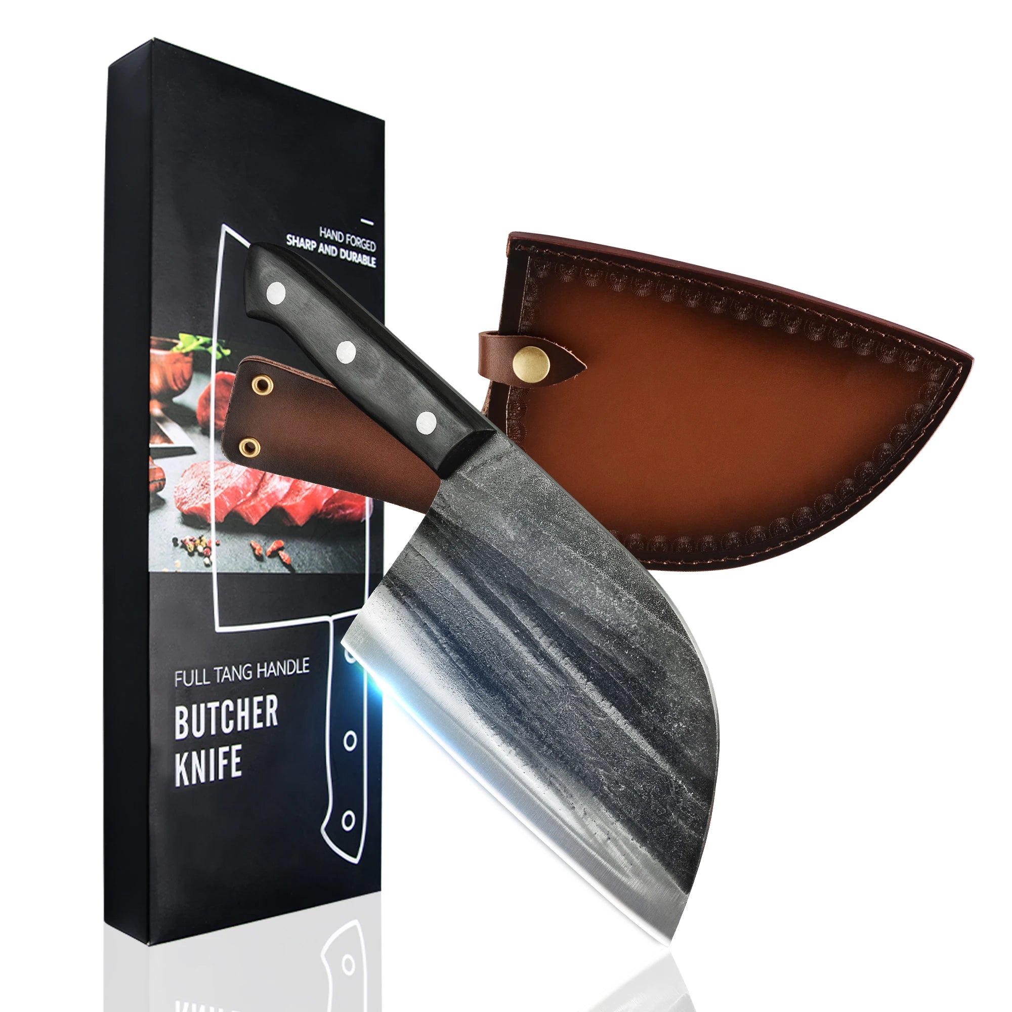 Xingye 7 Inch Full Tang Wooden Handle 5mm Thick Stonewash Bone Cleaver Gift Box Knife Sheath Butcher Knife Set Stainless Steel
