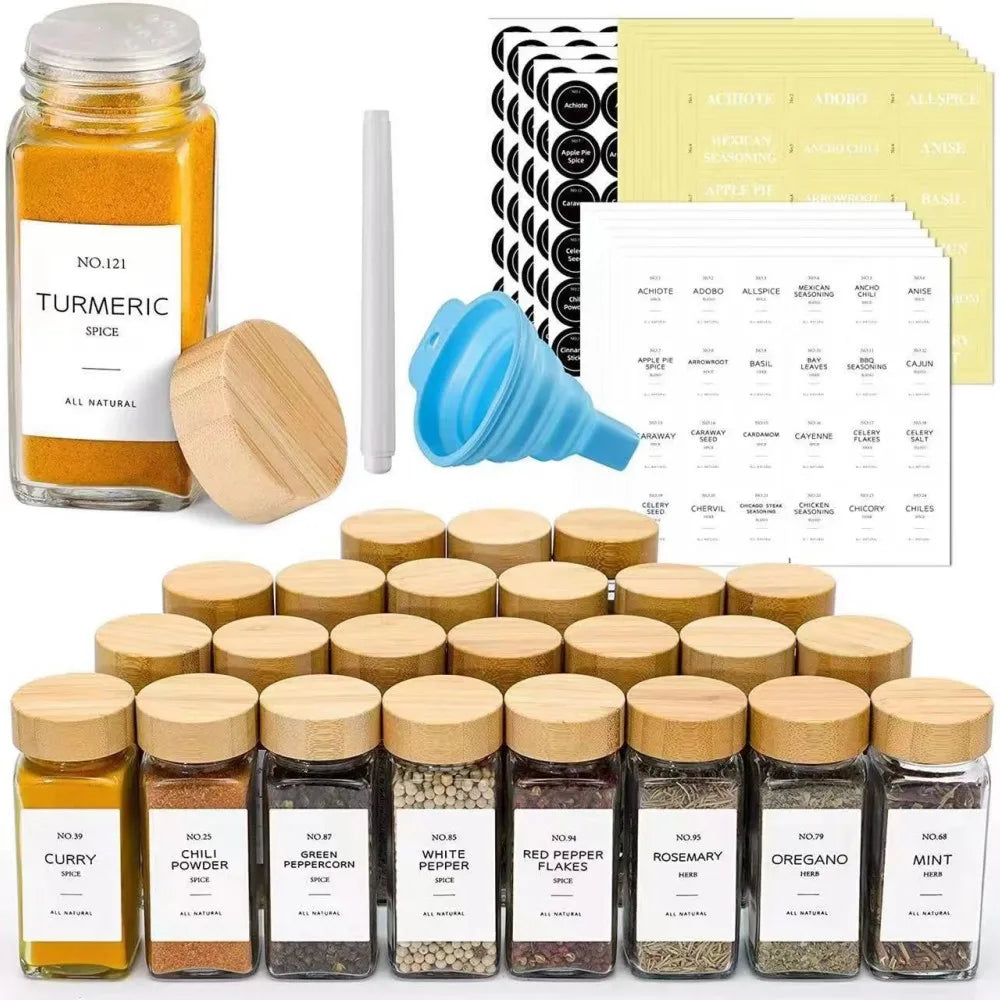 24pcs a Set 120ml Square Storage Container Kitchen Containers Spice Bottles Kitchen Tools with Shaker Lids and Bamboo Lids