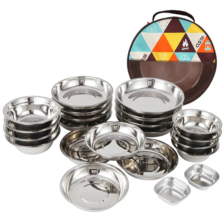 Online Top Seller Hot Portable 22PCS Stainless Steel Bowl Dish Kit Outdoor Camping BBQ Dinnerware Set