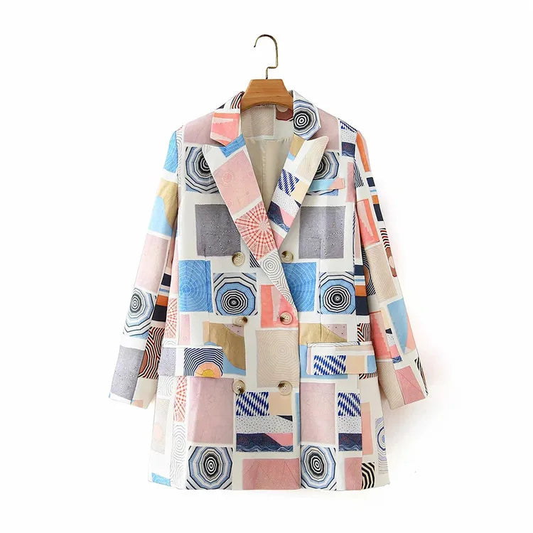 Spring Women Plaid Blazer Jacket Double Breasted Lapel Fashion Print Suit Jacket Streetwear Loose Womens Chic Blazers Coat