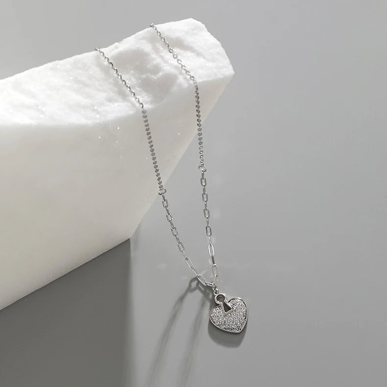 M0131 Lock Heart CZ Pendant Necklace in S925 Sterling Silver Heart Charm with Lock Diamond Pendant Necklace