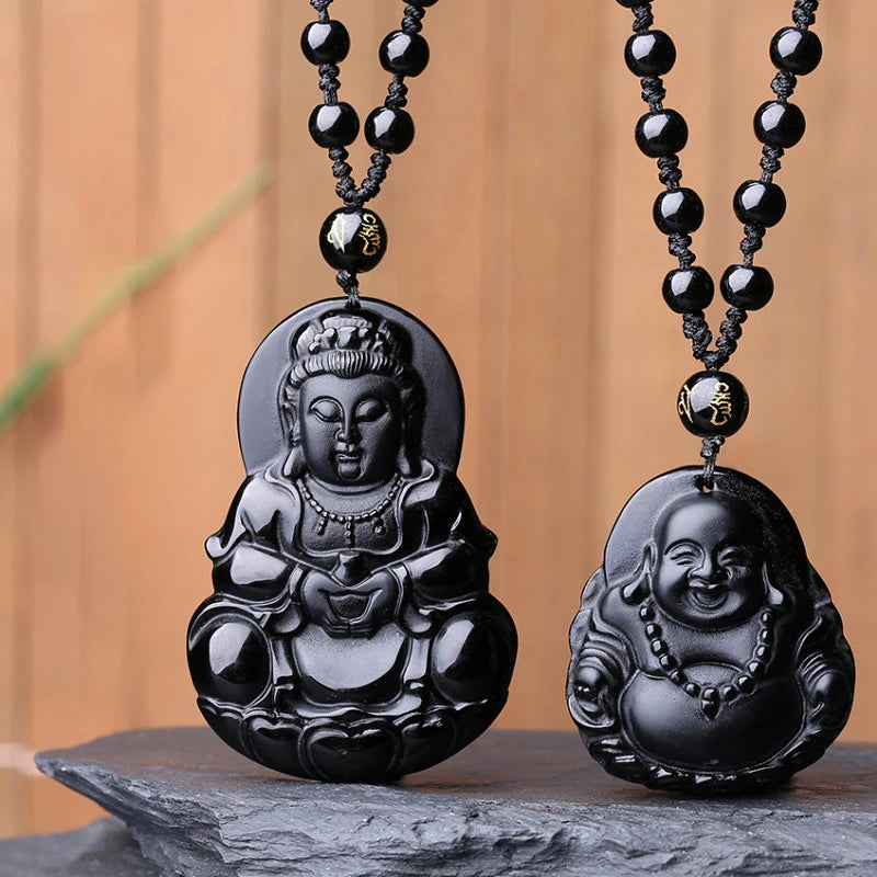 Lucky Amulet Fengshui Couples Necklace Religious Black Obsidian Necklace Bodhisattva Maitreya Buddha Pendant Necklace for Unisex
