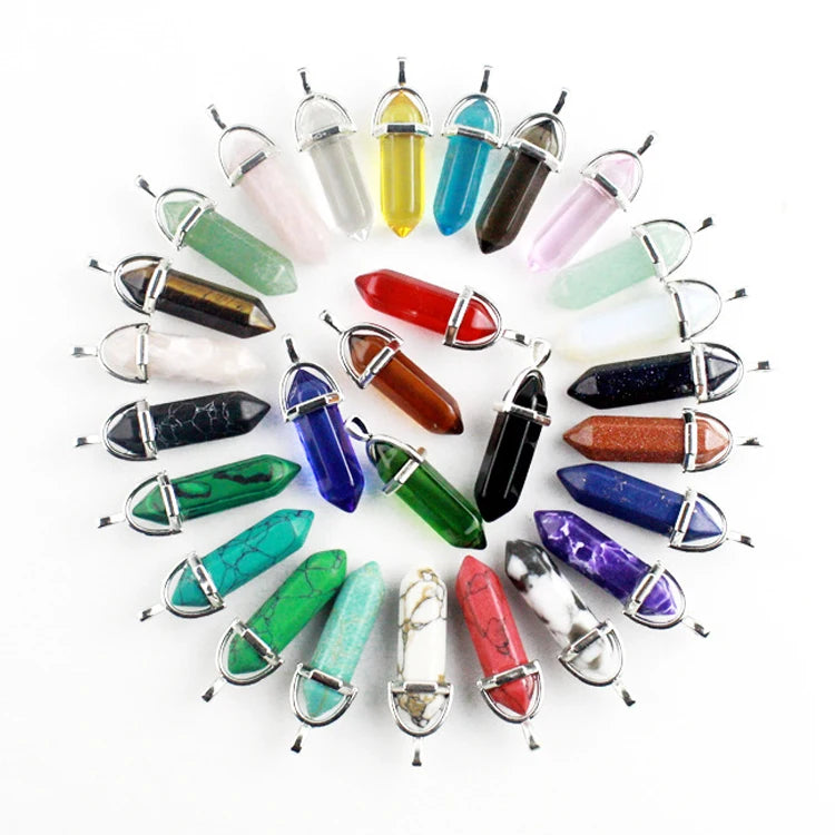 Natural Stone Quartz Crystal Opal Agates Hexagonal Column Pendulum Pendant Leather Chains Necklace Fashion Charms Pendant