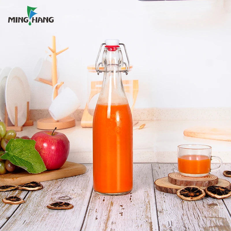 Custom Logo Transparent Soft Square Glass Water Bottle with Swing Top Cap 1000ml Capacity for Beer Energy Drinks