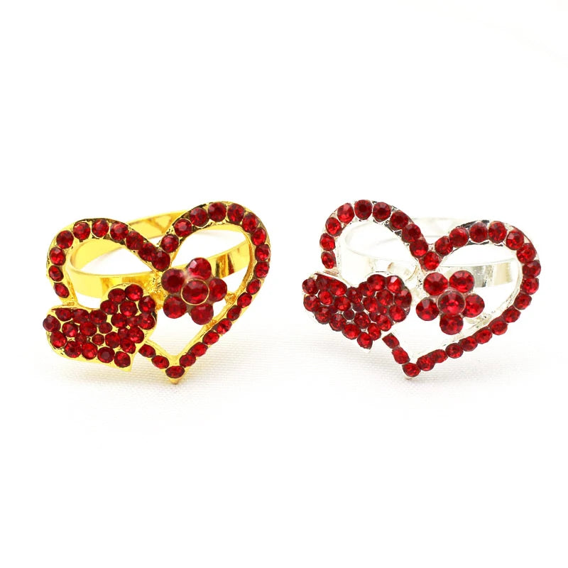 Hot Sale Luxury Metal Crystal Napkin Holder Double Heart Napkin Rings for Romantic Wedding Tables or Hotel/Party Decor