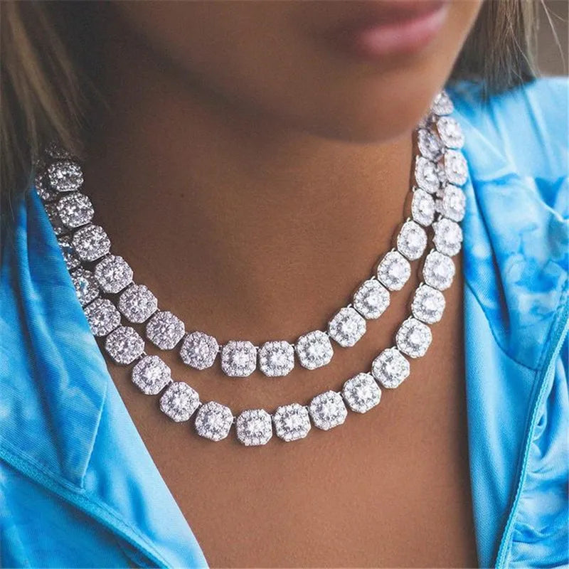 11mm Iced Out Clustered Tennis Chain Square Lattice 5A CZ Stone Cubic Zircon Box Clasp Chokers Necklaces for Men Jewelry