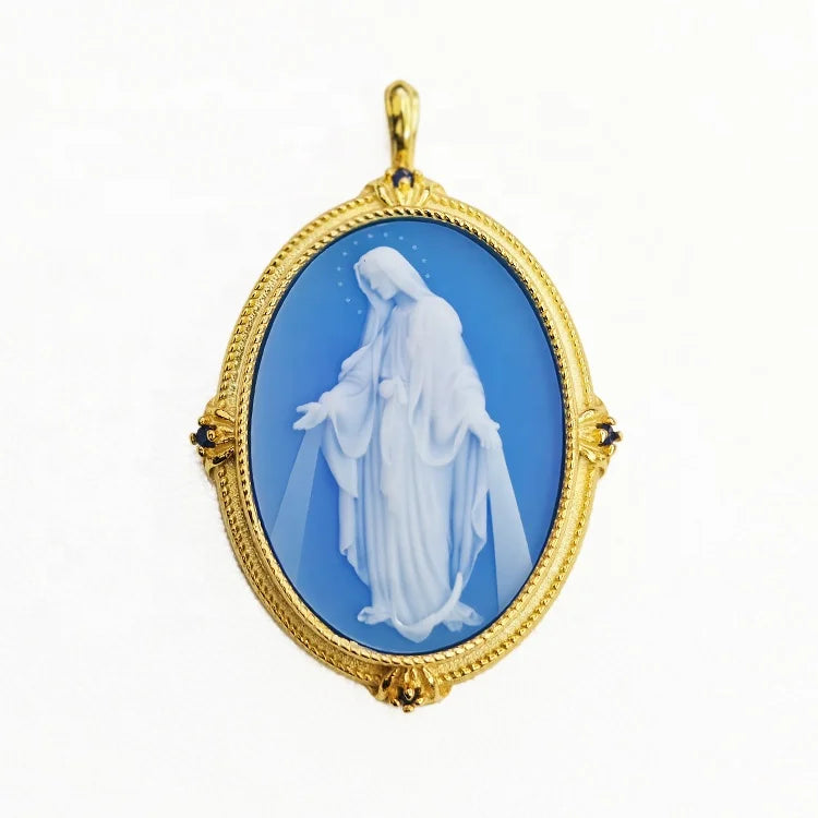 Heizun Large Agate Cameo Catholic Medal 18 Kt Gold Plated Jewelry Holy Family Mother Mary Pendant S925 Sterling Silver Necklace